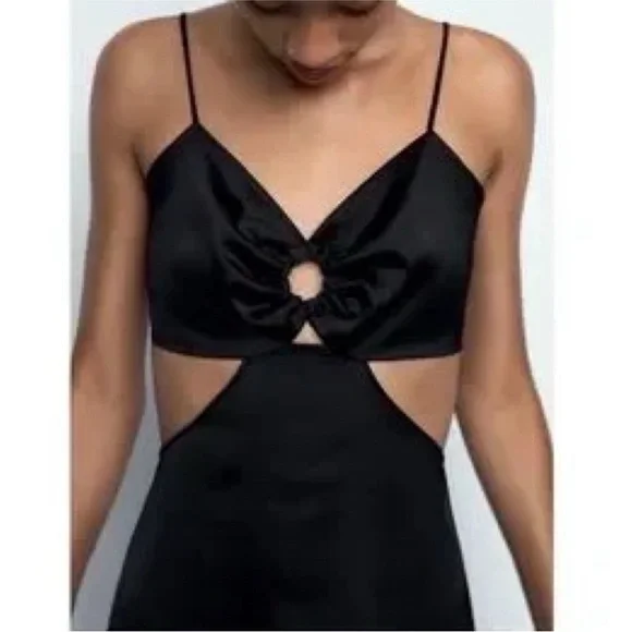 Zara Sleek Black Satin Cutout Mini Dress - Picture 3 of 3
